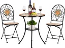 VINGLI 3 Pieces Garden Patio Mosaic Table, Outdoor Bistro Set with Folding Chairs,Black Iron Frame