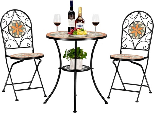 [BRSWYAQPAUPR6CQ7] VINGLI 3 Pieces Garden Patio Mosaic Table, Outdoor Bistro Set with Folding Chairs,Black Iron Frame