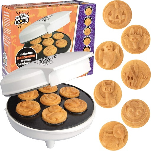 [BRSWYGT3B54BUHL6] Halloween Mini Waffle Maker - 7 Different Spooky Designs, Make Breakfast Fun with Electric Nonstick Waffler Iron Featuring a Pumpkin Bat Ghost Spider & More, Unique Holiday Breakfast for Kids or Gift
