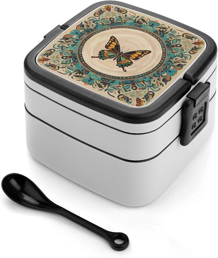 [BRSRE2QHOQHWOC37] FHESDCW Flourishing Garden Butterfly Bento Box Leak-Proof Double Layered Lunch Containers with Spoons And Invisible Handle, Portable Lunch Boxes for Work Picnic Travel
