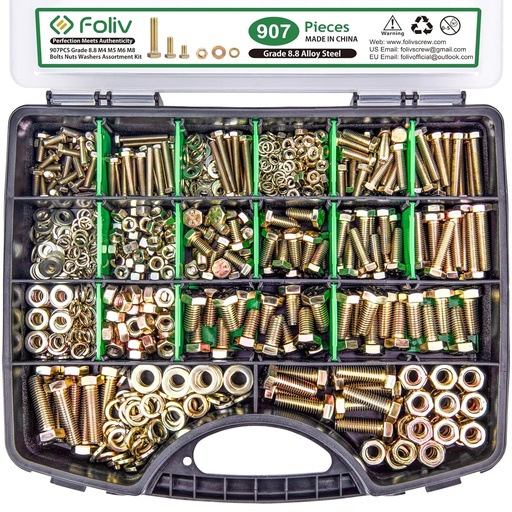 [BRSROFDRBUDQEET4] FOLIV 907pcs Grade 8.8 Metric Bolt Assortment, M4 M5 M6 M8 Heavy Duty Bolts and Nuts Kit, Yellow Zinc Plated, Length from 12-30mm