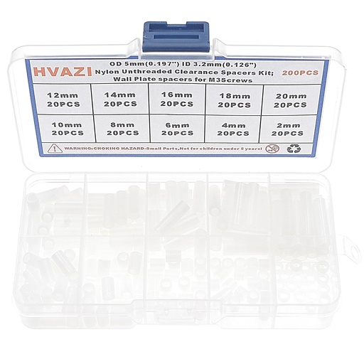 [BRSWECARDN5QAYA6] HVAZI OD 5mm(0.197") ID 3.2mm(0.126") White Nylon Unthreaded Clearance Spacers Standoffs Kit;Wall Plate spacers for M3 Screws;Round Straight Tube Standoffs Lengths from 2mm to 20 mm