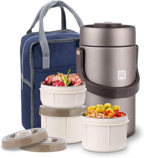[BRSRAZI5AACGMD34] GOLDEN KEY 87oz Thermo for Hot Food Adult, Stainless Vacuum-Insulated Wide Mouth Large Food Thermo with 3 Stackable Storage Container Inserts and Lunch Bag,Hot & Cold Soup Insulated Food Jars