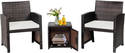 [BRSRM2T4OEAWCCL4] Tangkula 3 Pieces Outdoor Wicker Conversation Set with Waterproof Cover, 2 Patio PE Rattan Cushioned Chairs with Side Storage Table, Suitable for Front Porch, Balcony, Garden, Poolside (White)