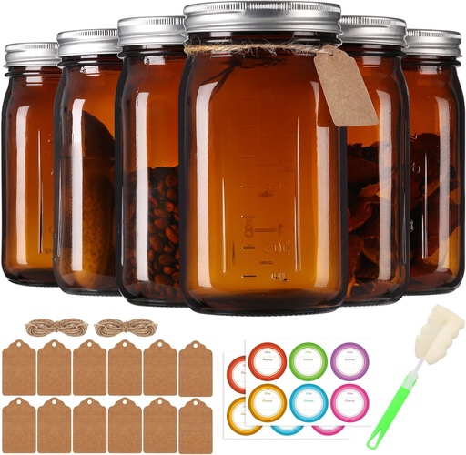 [BRSRAFABOIFWKDQU] Homerove 6 Pack 32 oz Amber Glass Mason Jars with Airtight Lids and Bands, Amber Quart Wide Mouth Canning Jars with Lids for Preserving, Jam, Sauces, Pickle Fermenting, DIY Projects