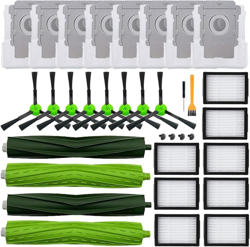 [BRSRAAQYCMDRAGTJ] 26 Pack Replacement Parts Accessories Compatible for iRobot Roomba i3 i3+ i7 i7+ i4 i6 i6+i8 i8+/Plus E5 E6 E7 J7 i5+j5+ I,E&J Series Vacuum Cleaner 2 Roller Brush & 8 Filters & 8 Side Brushes &8 bags