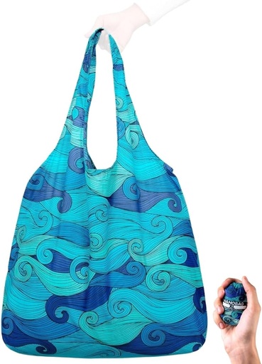 [BRSRAZYDOV7AIGT5] Nanobag Ultra-Lightweight Extra Large Size Tote Bag for Women & Men, Heavy Duty Reusable Grocery Bag, Foldable Travel Shopping Tote, Packable Cloth Bag with Handles, Washable Market Tote (Blue Waves)