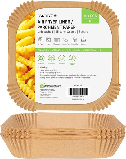 [BRSRAFIRDIGWAG36] Restaurantware-Pastry Tek 8.1 x 8.1 x 1.8 Inch Air Fryer Liners, 100 Square Air Fryer Baskets - No-Stick Silicone Coating, Unbleached, Food-Grade Paper Liners, For Steamer, Microwave, Oven, Fry Pan