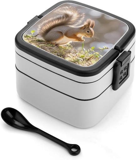 [BRSREZDYA4CGCDTO] AQRJLPM Squirrel Animal Bento Box Double-Layer Bento Lunch Container with Spoon And Invisible Handle Adult Leak-Proof Lunchbox for Dining Out Work Picnics Travel