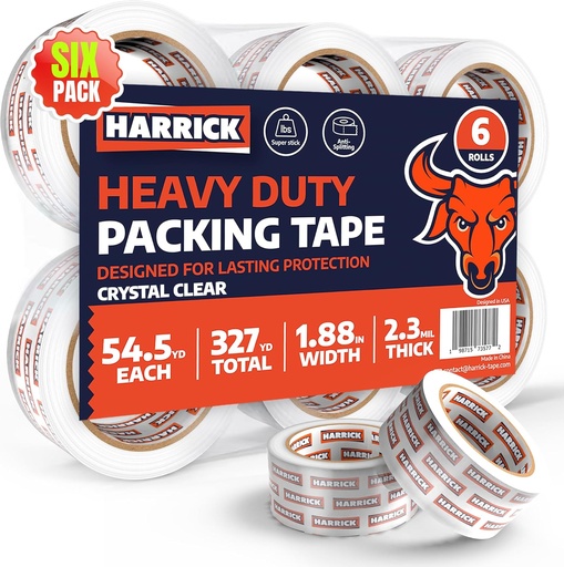 [BRSREYYNAR4BSYL2] 6 Pack Packing Tape Rolls 1.88 Inch - Strong & Durable Rolls of Tape - Packing Tape Roll for Shipping Boxes - Ergonomic Tape Gun Refill - 327 Yards
