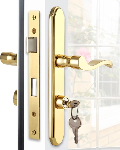 [BRSREFT2BZ5AMALX] MaxxGeek Flat Slot Storm Door Handle Complete Set, Mortise Keyed Lever Mount Latch with Deadbolt for Screen and Storm Doors (Bright Gold)