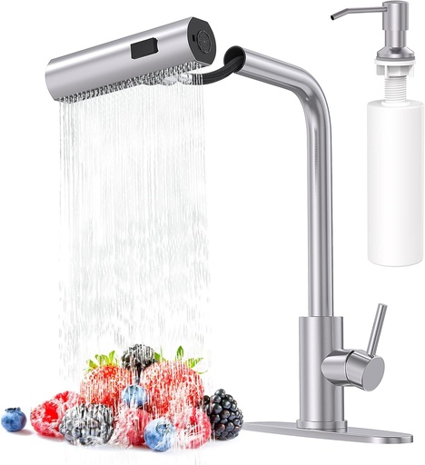 [BRSROGD7BUCQY2T6] AVSIILE Brushed Nickel Kitchen Faucets with Pull Down Sprayer & Soap Dispenser, Single Hole & Handle, Pull Out Tap, Waterfall Stainless Steel Sink Faucet for Farmhouse Camper Laundry Rv Bar