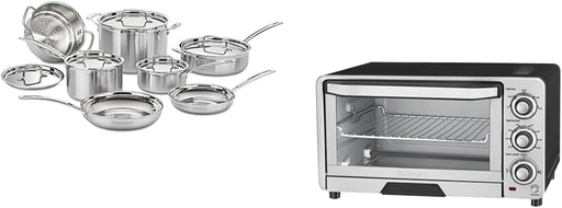 [BRSROBQCC4NBQ3I2] Cuisinart 12 Piece Cookware Set, MultiClad Pro Triple Ply, Silver, MCP-12N & TOB-40N Custom Classic Toaster Oven Broiler, 17 Inch, Black