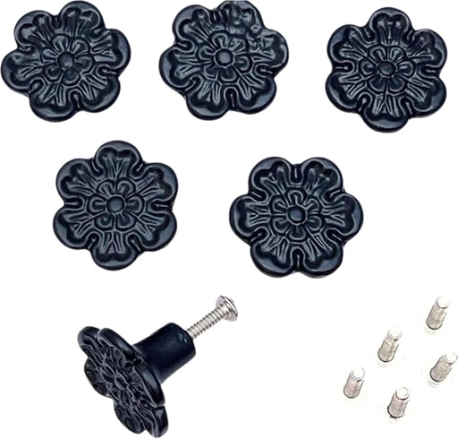 [BRSRAFQRCN7AADTV] collectiblesBuy Vintage Black Floral Cabinet Knobs – Set of 6 Antique-Look Pulls for Drawer, Dresser, Wardrobe & Cupboard – Decorative Black Hardware