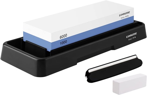 [BRSWGFD2OYIRMDL6] Knife Sharpening Stone Set,Whetstone Dual Sided 1000/6000 Grit Waterstone with Angle Guide Non Slip Rubber Base Holder, Knife Sharpeners Tool Kit for Kitchen Hunting (Blue + black)