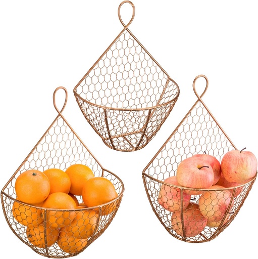 [BRSWGCDQBAPBYCQ2] MyGift Set of 3, Farmhouse Copper Metal Wire Mesh Wall Hanging Baskets, Wall-Mounted Storage Basket, Decorative Kitchen Fruit Wall Basket Produce Holder