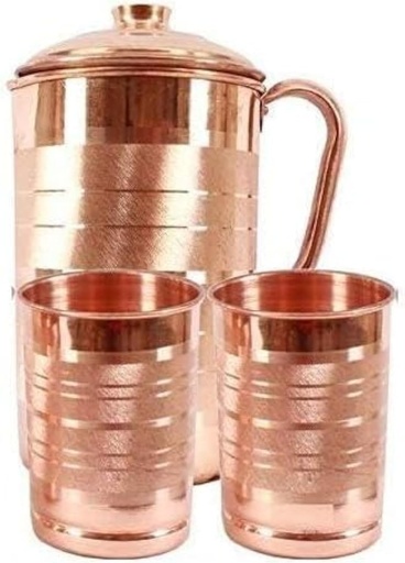 [BRSRAYD3CUNRGGTB] BishtHub Copper Silver Touch 1 Jug With 2 Glasses Mix Drinkware Set Drinking Jug Pitcher Drinkware Copper Utensils Kitchen Item- ((2000 ml Jug With 300 Ml Glass)