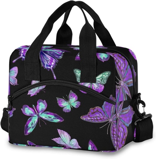 [BRSROFLYBBYROGTZ] Purple Butterfly Animal Insulated Lunch Bag Reusable Lunch Tote Bag Lunch Box for Women Men Adult Cooler Bag with Adjustable Shoulder Strap Leakproof for Work School Picnic