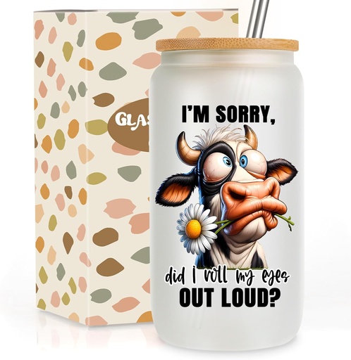 [BRSRAZYOCMNGAYLD] GSPY Cow Coffee Cup, Funny Cow Gifts - 16 oz Frosted Cute Glass Cups with Lids and Straws, Novelty Mug Iced Coffee Tumbler - Valentines Day, Bday, Sarcastic Gifts for Women, Friend, Daughter, Coworker