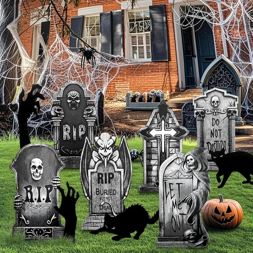 [BRSREGIBBMIAEHY3] 10Pcs Halloween Tombstones Decorations Outdoor Graveyard Decor, 6 Pcs Scary Plastic Gravestones with 2 Black Cats & 2 Zombie Hands, Graveyard Cemetery Yard Signs with Stakes Halloween Party Decor