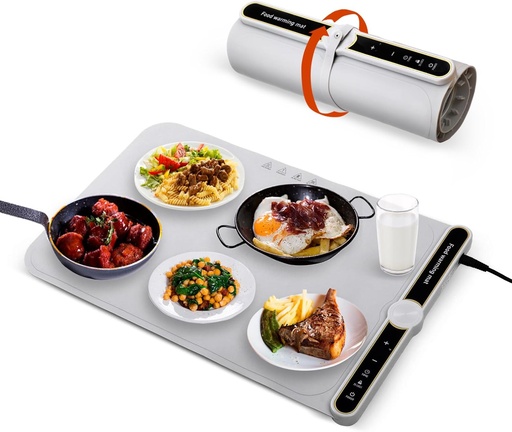 [BRSRAAYKCQIWA2QU] Food Warming Mat Electric Warming Tray for Buffets- 24x15in, Roll up Portable, 9 Heat Setting, 6h Timer, 18h Auto Power Off, Fully Surface Fast Heating, Food Warmer for Gathering Party(Light Gray)