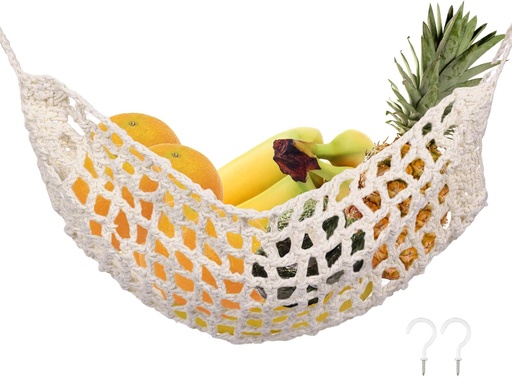 [BRSRMCAQBEGWEAL7] 12.5x16inch Hanging Fruit Hammock, Fruit Holder Hanging with 2 Hooks 100% Cotton Handmade Woven Space-Saving Fruit Basket Under Cabinet for Kitchen Ship Storage