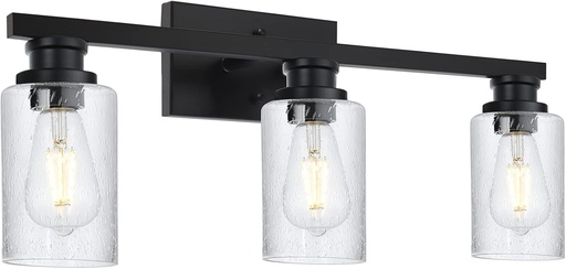 [BRSW2ZIDDF6RYETX] VINLUZ 3 Light Bathroom Light in Black Finish,Rustic Farmhouse Wall Mount Vanity Lighting Over Mirror with Seedy Glass Shade Industrial Wall Sconces Lamp