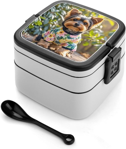 [BRSREHYNBN7BEA3F] KLJHNVBM Stackable Double-Layer Bento Box Yorkie Floral Adults Lunchbox With Spoon Cute Japanese Bento Box Dishwasher Safe for Work Travel Dining Outc