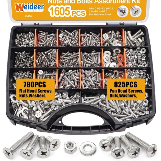 [BRSRAAYLAAAQ2D3Z] weideer 1605PCS Machine Screws Assortment Kit, 304 Stainless Steel Nuts and Bolts,Phillips Pan Head and Flat Head Screws with Nuts, Bolts,Washers,Organizer Box #4-40#6-32#8-32#10-24#1/4-20