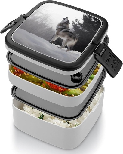 [BRSREZTRAQORSCLX] WEIHAKO Bento Box Adult Lunch Box Lunchable Food Container with Utensil Howling Wolf Lunchbox Leak-Proof Lunch Containers Double Layer Bento Box for Dining Out Work Picnics Travel
