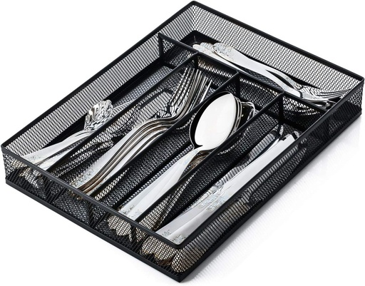 [BRSWGHTRDMGQOCLL] JANE EYRE Utensil Drawer Organizer, Cutlery Tray Silverware Flatware Storage Divider for Kitchen, Mesh Wire with Non-slip Foam Feet, 5 Component, Black