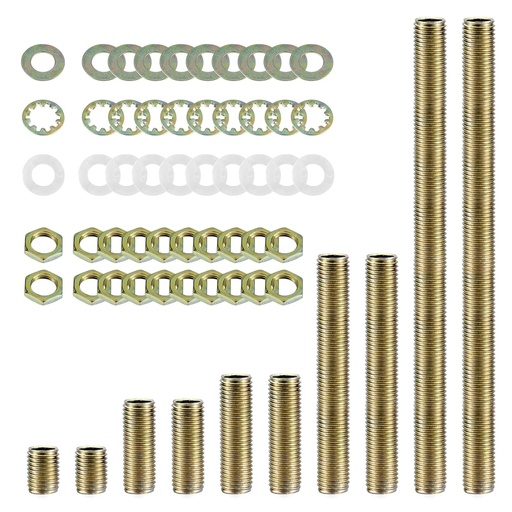 [BRSRAY3YA56BYHLO] Antique Brass Lamp Repair Hardware Kit - 5 Sizes, 60 Pieces, Includes Pipe Nipples, Lock Nuts, Washers, Perfect for Lamp Assembly & DIY