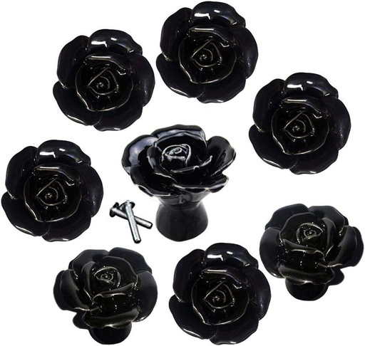 [BRSWGCYYCF6WGHY3] DLD 8PCS Black Ceramic Vintage Floral Rose Door Knobs Handle Drawer Kitchen + Screw (Black)