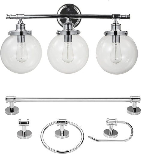 [BRSW2EIBAQBAODY4] Globe Electric Milan 5-Piece All-in-One Bathroom Set, Chrome, 3-Light Vanity Light with Clear Glass Shades, Towel Bar, Towel Ring, Robe Hook, Toilet Paper Holder