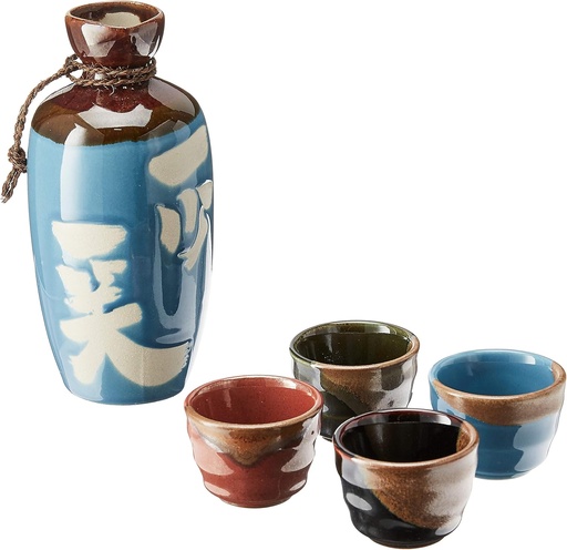 [BRSWIBIYDEAQIFLI] Kotobuki Issho Japanese Calligraphy Sake Set, Laugh to Stay Young", Turquoise
