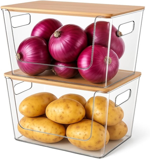 [BRSRAH34PNYR63Q6] CiWiVOKi 2 Set Pantry Organizers and Storage - Clear Stackable Bins with Bamboo Lid for Fruit, Onion, Potato, Vegetable - Trash Bag Holder Dispenser Under Sink Organizer for 4-13 Gal Bags