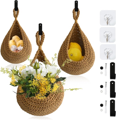 [BRSROBQBB4BGEEL3] Hanging Fruit Baskets for Kitchen, 3-Pack Handwoven Wall-Hanging Storage Storage Baskets for Organizing, Fruit Holder for Kitchen Countertop, Home Decor, Fresh Produce, Whit 6 Hooks