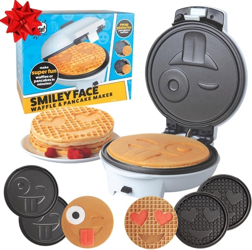 [BRSWGZQPA4FW2DQV] Smiley Face Emoji Waffler & Pancake Maker w 4 Interchangeable Removable 8" Plates- Heart Eyes or Silly Face- Adjustable Temp Nonstick Electric Iron- Kids Breakfast Xmas Gift Fun- Licensed by Emoji