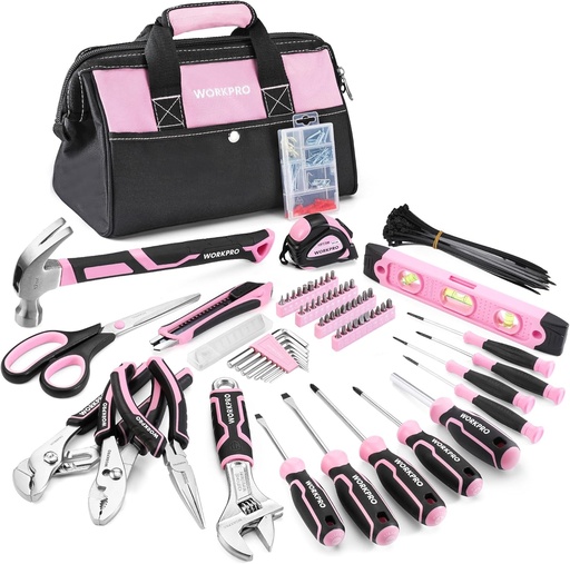 [BRSRMCABOEORYHLK] WORKPRO Pink Tool Set, 277 PCS Home Repairing Tool Kit, Pink Tool Bag with 13-Inch Wide Mouth Open Storage Bag, Portable Home Tool Kit Including Hammer, Screwdriver, and Household Tools - Pink Ribbon