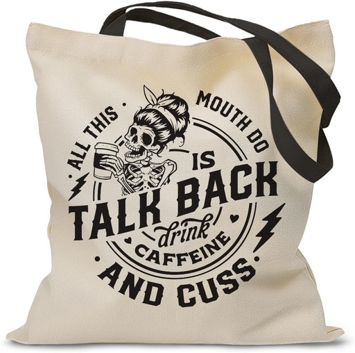 [BRSREZYOA56BU23L] IIILUYOT Funny Skeleton Coffee Pattern Canvas Bag Aesthetic Tote Bag for Women, Cute Reusable Grocery Bags Cloth Cotton Totes Bag with Pattern for Gym, college Shopping Beach Grocery Trendy Gifts