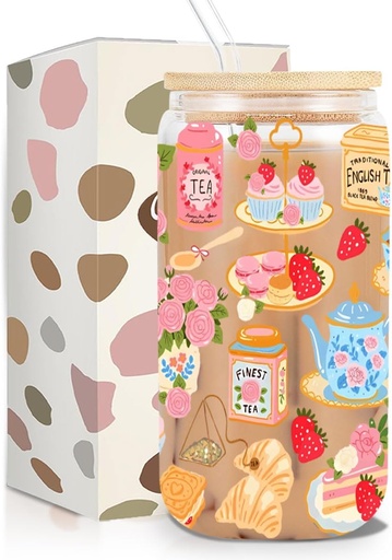 [BRSREFA2ORYQIFY7] kdxpbpz Afternoon Tea Iced Coffee Cup, Cottagecore Pink Tea Party Glass Tumbler, 16 oz Coffee Glass Cup with Lid Straw, Gifts for Women Friend, Cake Teapot Strawberry Book Floral Design