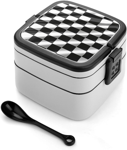 [BRSRA2QBC5YRGFA3] NWGHM Bento Box Stackable Lunch Box with 2 Compartments Leak-Proof Food Storage Containers Black White Race Checkered Flag Bento Lunch Box for Adults Lunch Containers with Utensil Set