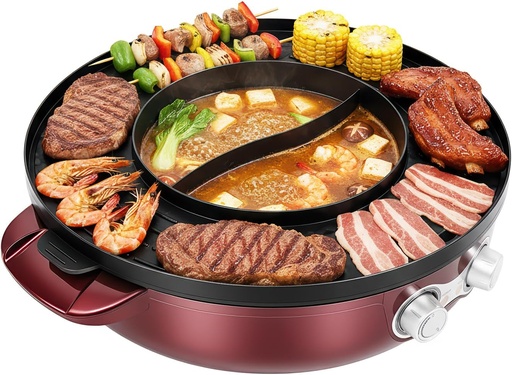 [BRSW2YAYCFYAACDB] Electric Smokeless Grill and Hot Pot 2200W 110V Multifunctional Grill Dual Temperature Control Multifunctional Grill and Hot Pot Korean BBQ Grill 3.6L Large Capacity for 2-5 People