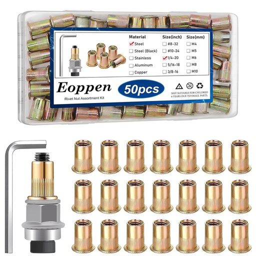[BRSRE23QOAAR6ALJ] Eoppen 50Pcs 1/4-20 Rivet Nuts with Hand Rivet Nut Tool, Carbon Steel Flat Head Threaded Insert Nut Kit for Furniture, Automotive, Marine and Decoration