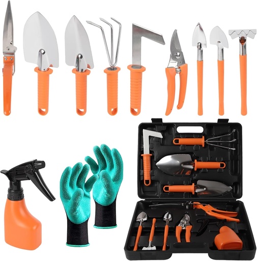 [BRSRAAICAQHBG3IV] Gardening Tool Set, 11 Pieces Gardening Tools with Carrying Case, Garden Tool Kit for Digging Planting Pruning, Unique Gardening Set with Gloves for Women and Men (Orange)