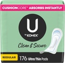 U by Kotex Clean & Secure Ultra Thin Pads, Regular Absorbency, 176 Count (4 Packs of 44) (Packaging May Vary)