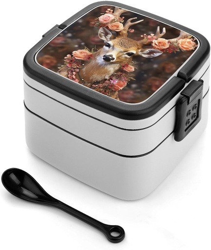 [BRSREH36O4FRGHQU] JWSDKNJ Deer Wearing Flowers Stackable Bento Box Double-layered Leak-Proof Lunch Box 1L Capacity Portable Lunchbox Durable Drop-Proof for Work Picnic Travel