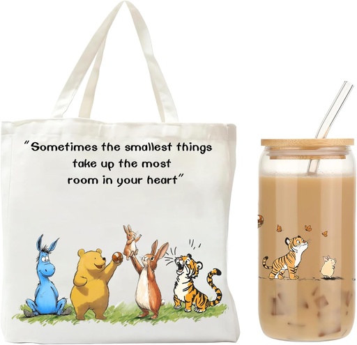 [BRSREHQNBMMWA2AU] Cute Bear Gifts for Women, Canvas Tote Bag & 16 oz Iced Coffee Glass Cup Set, Birthday Gifts for Best Friends Bear Lovers