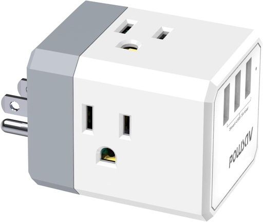 [BRSWYYAPBEIQEDQ3] 3-Outlet USB Wall Charger and Extender with 3-Way Splitter, ETL Listed - for Home, Office, Cruise Ship