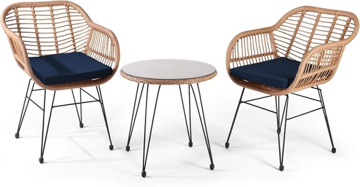 [BRSW2YY7OAFAK3DJ] WestinTrends 3 Pc Furniture Wicker Rattan Patio Conversation Seating Chair Set with Cushions and Table for Indoor Outdoor, Balcony, Porch, Garden, Pool, Deck, Lounge, Navy